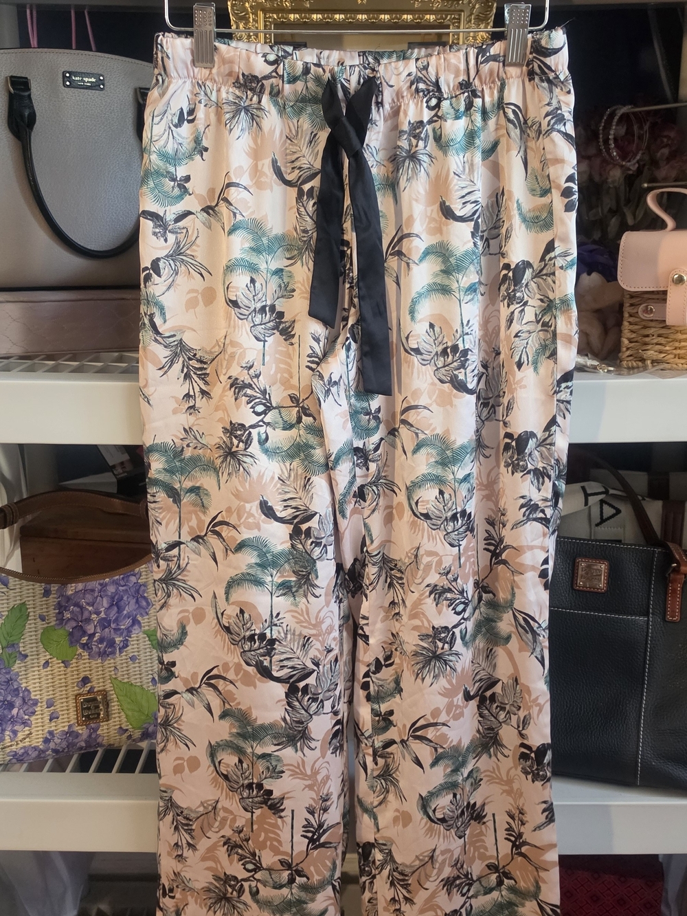 Victoria's Secret Pink Palm-Print Wide Leg Lounge Pants with Black Drawstring